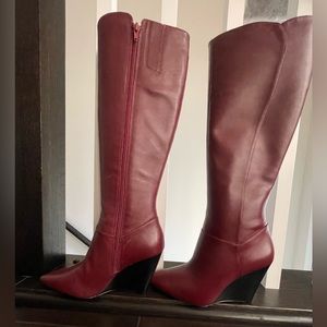 Nine West wedge tall leather boot, size 8, wine/burgundy